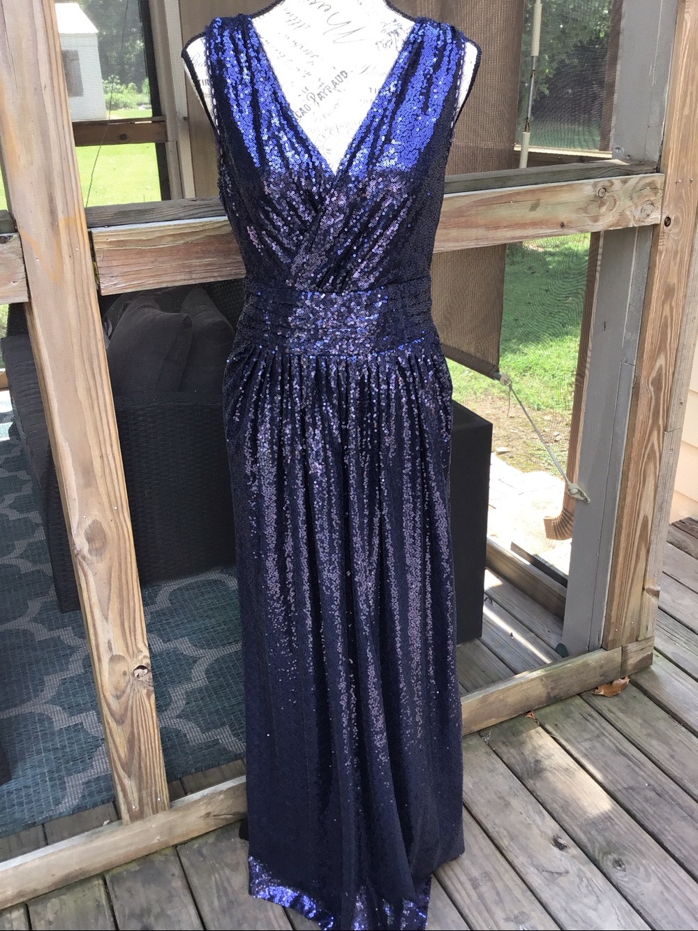 Kate Kasin Sequin V-Neck Midnight Blue Sleeveless Long Gown with Ruched Waist